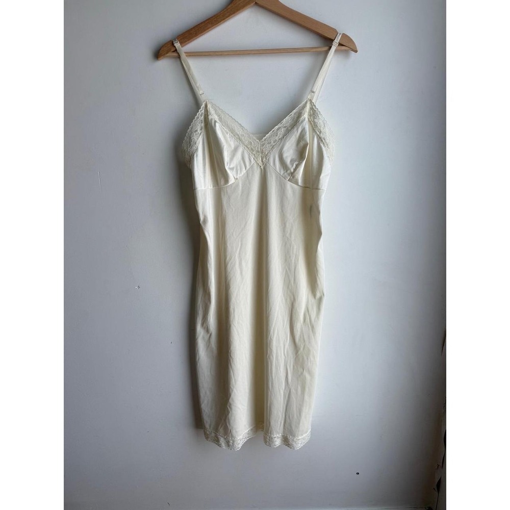 Vintage Vanity Fair Cream Silky Nylon Slip Dress with Lace Size M